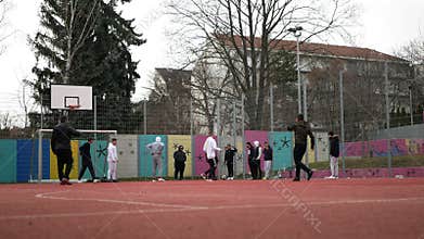 BRNO, CZECH REPUBLIC, FEBRUARY 29, 2020: Ghetto poor in Brno football players field sport field sport pitch, street life