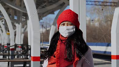 Asian girl wear protective face mask, coronavirus epidemic prevention.