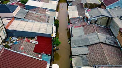 Aerial POV view Depiction of flooding. devastation wrought after massive natural disasters.
