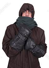 Man Freezing Cold, Winter Bundled up Coat Isolated