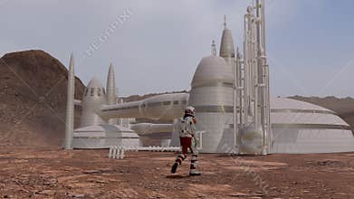 Astronauts wearing space suit walking on the surface of mars. Exploring mission to mars. Futuristic colonization and