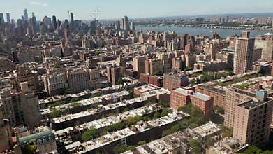 Aerial: beautiful New York City buildings at sunny summer day