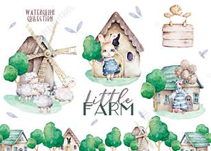 Farms little city set. Cute domestic pets watercolor illustration. Goose design with bunny and sheep