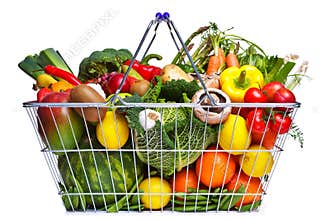 Basket fruit and vegetables isolated on white