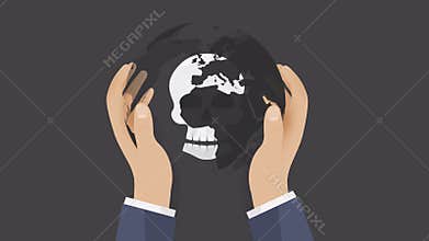 Human skull in hands as a symbol of global danger