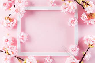 Happy Mother`s Day, Women`s Day or Valentine`s Day greeting concept. Pastel Pink Colours Background with picture frame and blos