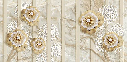 3d wallpaper, gold jewelry flowers, vertical stripes on marble background
