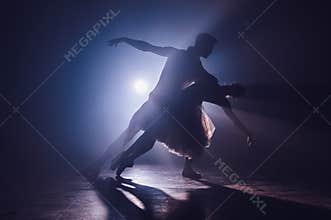 Professional ballet couple dancing in spotlights smoke on big stage. Beautiful young woman and man on floodlights