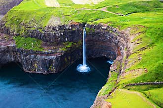 Mulafossur waterfall in Gasadalur, Vagar Island of the Faroe Islands.