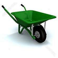 A 3D render of a wheelbarrow