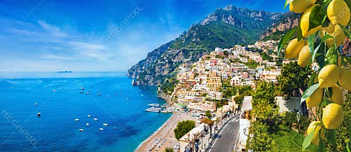Panoramic view of Positano with comfortable beaches and blue sea on Amalfi Coast in Campania, Italy. Amalfi coast is popular
