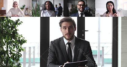 Male ceo video conference calling diverse corporate team people