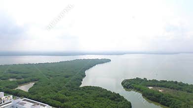 Panoramic aerial view of the ocean coastline, Colombia, Cartagena city. Summer time holiday on the ocean beach.
