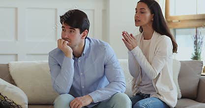 Funny guilty millennial girl begging forgiveness for mistake concept