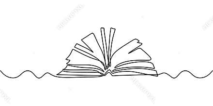 One line drawing, open book. Vector object illustration, minimalism hand drawn sketch design. Concept of study and knowledge
