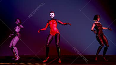 Beautiful cyborg girls dancing on the catwalk in neon light. Artificial Female Android dance. Artificial intelligence, fashion and