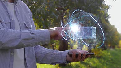 Man shows hologram with cargo container