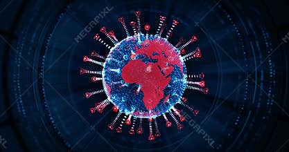 Coronavirus analysis as rotating blue viral element with changing red map areas.