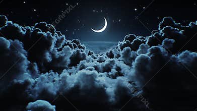 Beautiful Moon in the Skies. Flying Over the Infinite Clouds with the Night Moon Shining Seamless. Looped 3d Animation