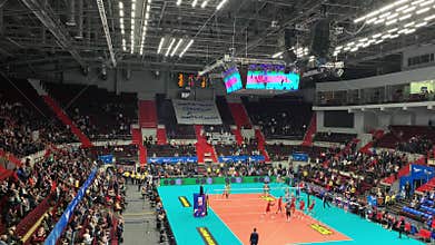Russia, St.Petersburg, 21 November 2019: Video of man`s game of volleyball in indoor stadium Sibur Arena, improbable