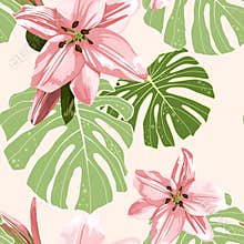 Beautiful pink lilies flowers and monstera leaves. Seamless pattern on light background.