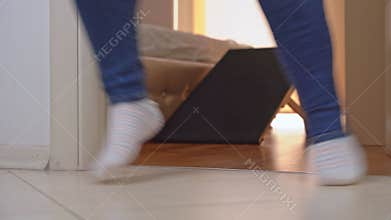 Overslept alarm clock Hurried morning packing for work, hastily dressing, late