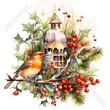 Christmas watercolor composition with a bird and fir branches