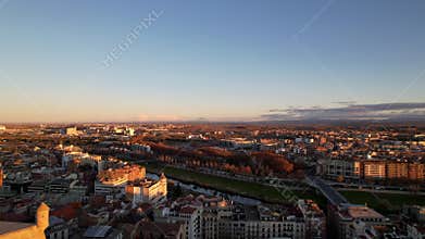 View from drone of Catalan city of Lleida with old medieval 13th century Cathedral of St Mary of La Seu Vella is symbol