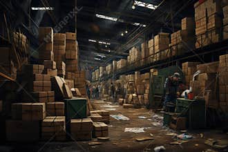 Industrial interior of an old factory warehouse.