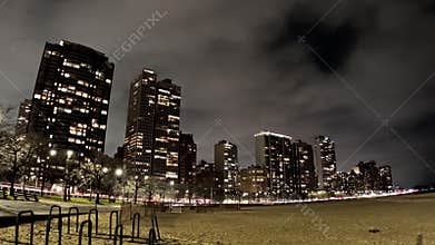 An Evening View Across Oak Street Beach Towards the Chicago Waterfront
