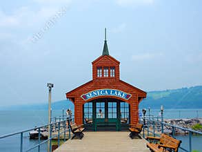 Seneca Lake Watkins Glen iconic Marina red harbor stand