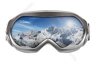 Ski goggles with reflection of mountains