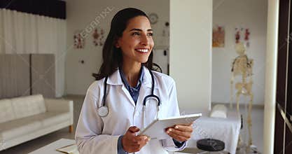 Attractive Latina female cardiologist using digital tablet
