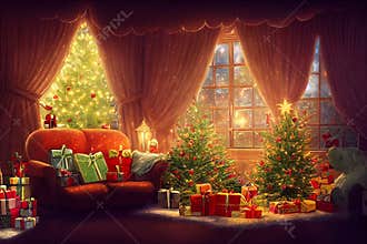 Cozy vintage Christmas holdiay decorated room, Christmas tree, fireplace, candles, toys, fur carpet and tartan plaid armchair