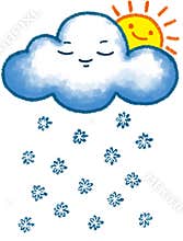 Cute Cloud with Sun and snowflake falling, cute cartoon character illustration isolated on white background. Hand drawn pastel,