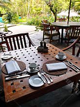 Outdoor dining restaurant, table cutlery settings