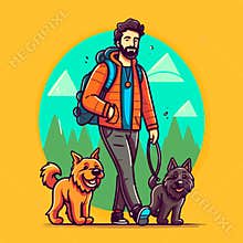 Dog walker enjoying with dogs while walking outdoors. Cartoon vector illustration