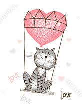 A Valentine's Day card. Cute cat is flying in a balloon. Vector.