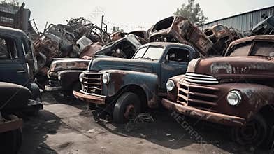 Car dump with old rusting vehicles forming graveyard of abandoned cars, passage of time
