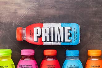 Prime Energy Drink . Bottle drink on rustic background. Top view