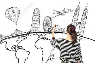 Asian woman drawing or writing dream travel around the world