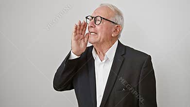 Clueless senior man in business clothes, arms spread in confused surrender, no idea over white background - an elder\'s helpless