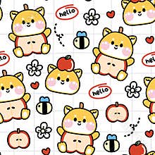 Seamless pattern of cute shiba inu dog with apple fruit cartoon background.Flower