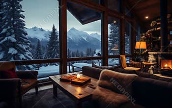Cozy home with sofa and fireplace, panoramic windows and coffee, winter vibe concept