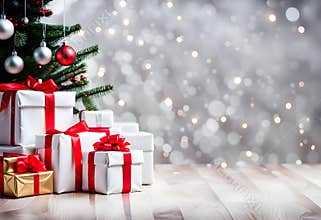 white christmas gift parcels under a tree decorated with matching baubles