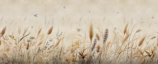 Watercolor wild grasses pattern bird and butterflies sparrow perches on dry gold Pampas grass in the wind