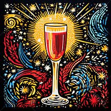 Champagne glass with stars and sun illustration, AI