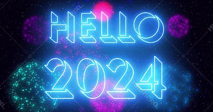 Hello, 2024 - animated neon colored with neon colorful fireworks in 4k.