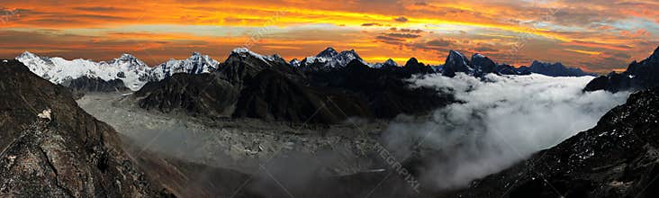 Panoramic view of Everest, Lhotse, Cho Oyu