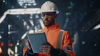 Serious factory supervisor looking at manufacturing making notes tablet close up